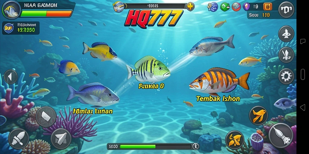 Screenshot gameplay HQ777 menunjukkan aksi tembak ikan yang seru.