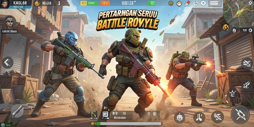 Tampilan gameplay KAOL68 yang menegangkan dan penuh aksi dalam arena Battle Royale.